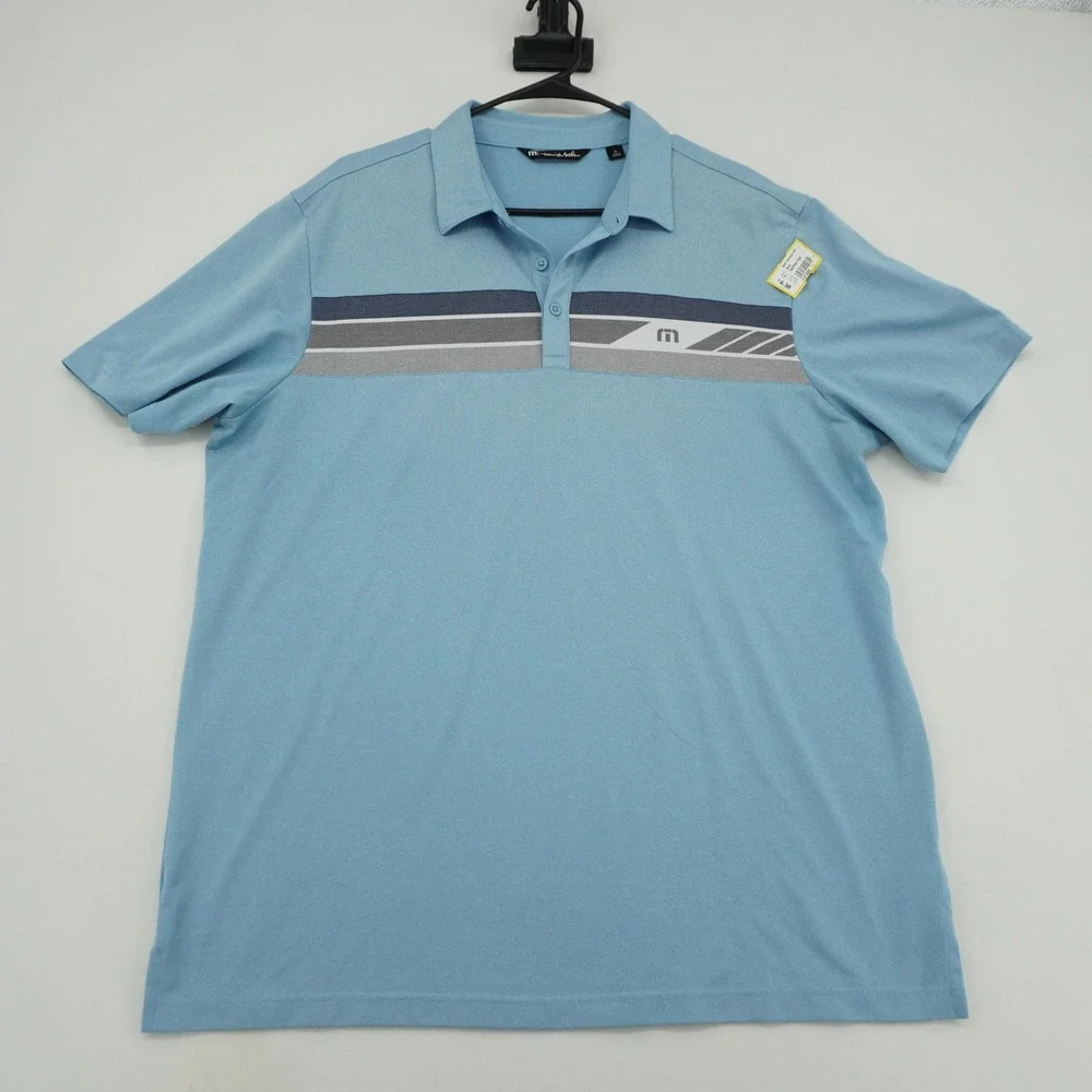 TravisMathew‎ Mens XL Light Blue Striped Performance Golf Polo Shirt RN 123280